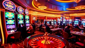 Players enjoy the excitement of bro138 slot machines in a vibrant casino atmosphere.
