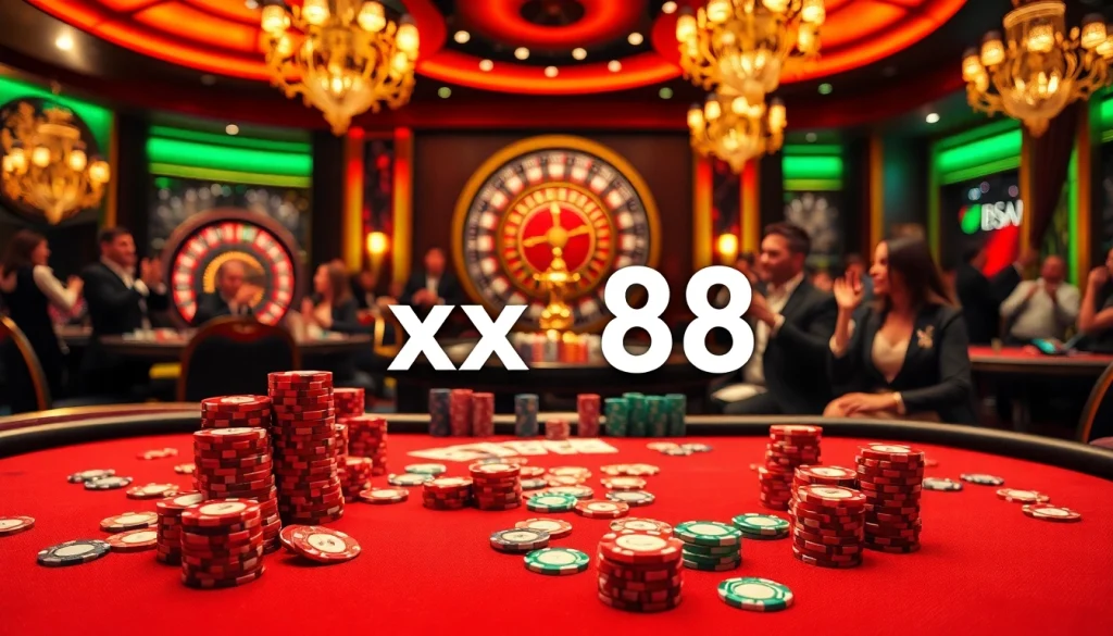 Players intensely focus on a poker game at xx88 casino, with vibrant chips and exciting gameplay.