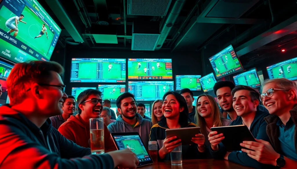 Engaging sports betting scene from https://keonhacai.gold/ showing fans analyzing live odds in a lively bar.