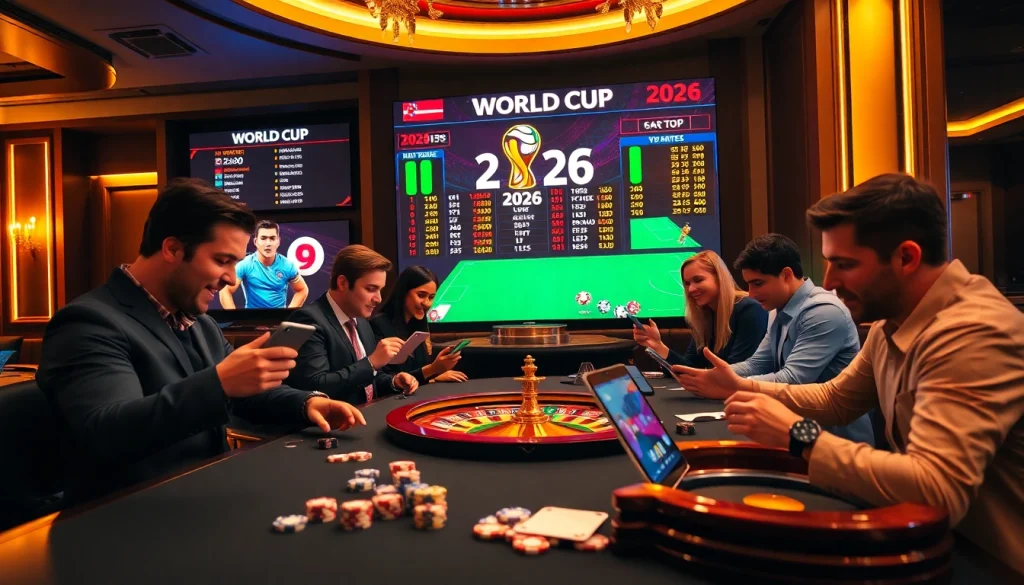 Situs Judi Bola Piala Dunia 2026 live betting experience with excitement around a sports betting table and digital scoreboards.