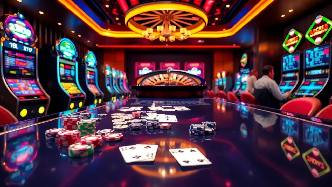 Online gambling excitement at nhacaiuytinvn.us.com with luxury casino tables, chips, and digital betting interfaces.