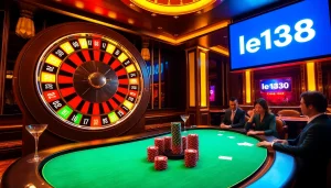 Experience thrilling gameplay at lego138 with glamorous casino scenery featuring poker chips and a roulette wheel.