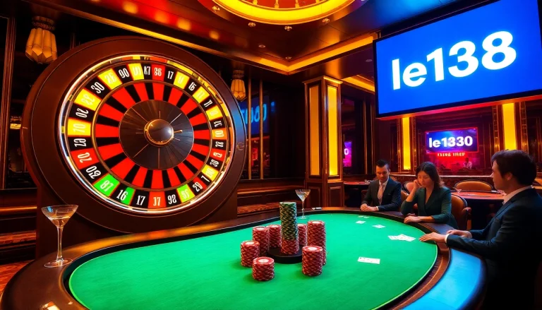 Experience thrilling gameplay at lego138 with glamorous casino scenery featuring poker chips and a roulette wheel.