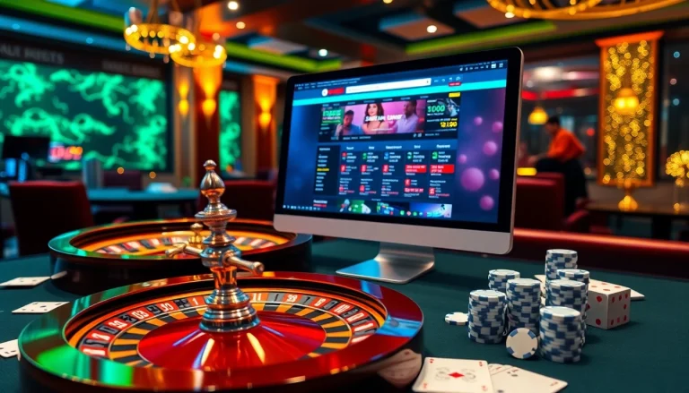 Experience the excitement of sbobet link alternatif with a vibrant online casino scene showcasing roulette and poker.