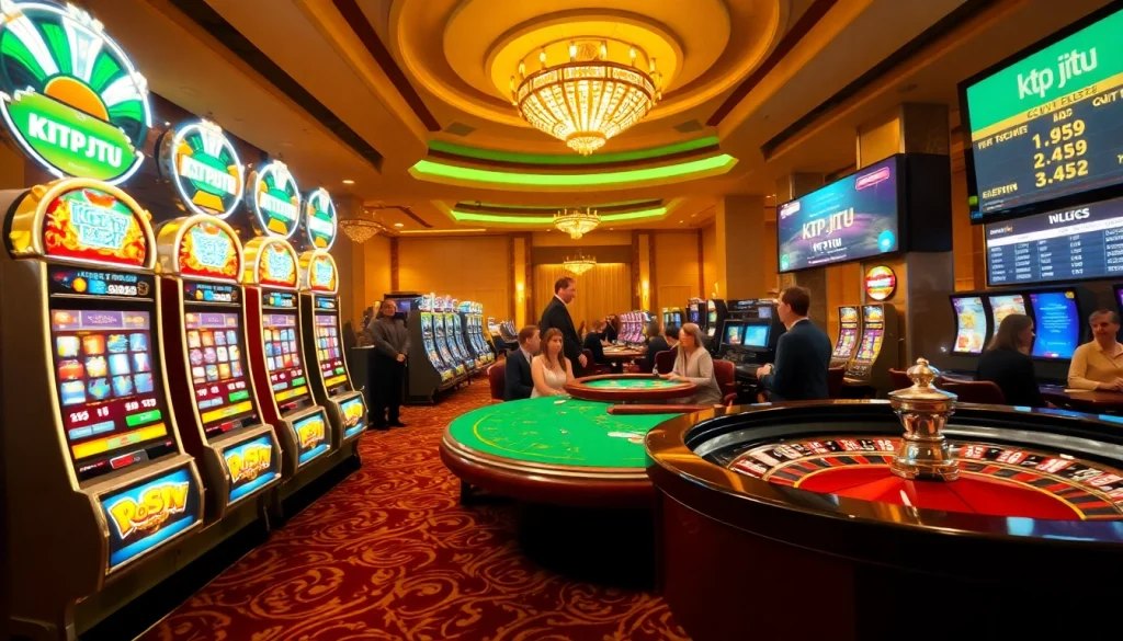 Ktp jitu players winning at a vibrant casino with engaging slot machines and poker tables.