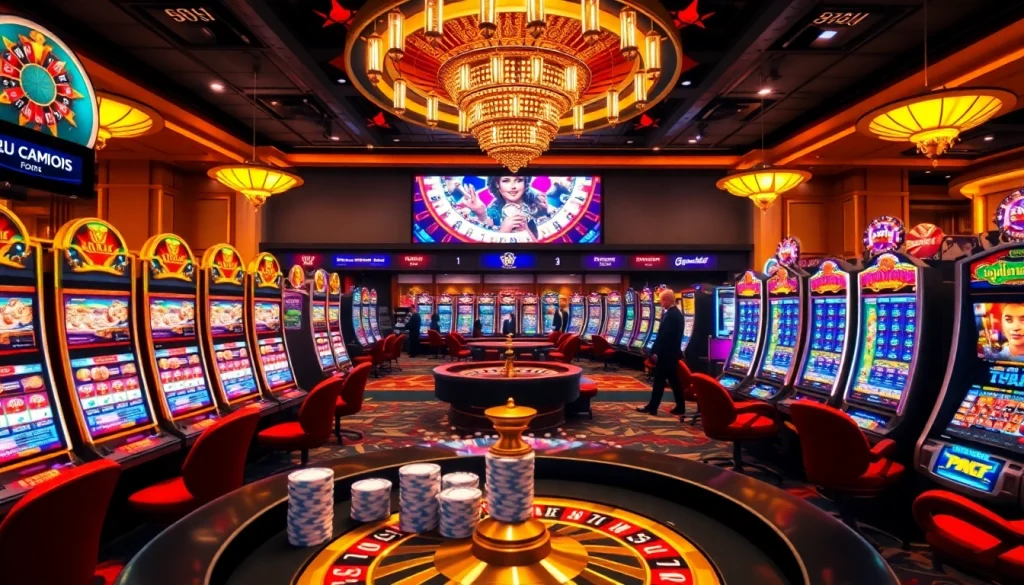 Situs Gacor players celebrating wins at modern slot machines in a lively casino atmosphere.