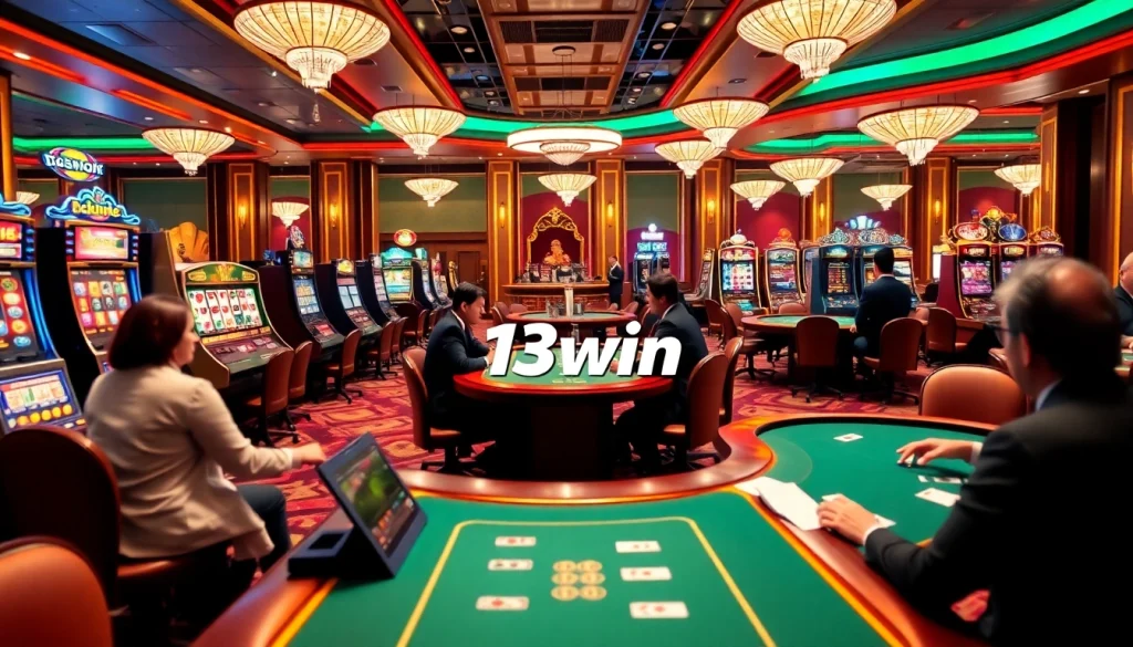 Exciting gambling scene at 13win featuring players engaged at casino tables and slot machines.