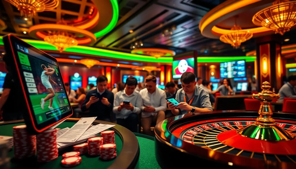 Betting slips and poker chips in a vibrant casino atmosphere, representing Link Judi Bola for sports fans.