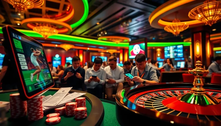 Betting slips and poker chips in a vibrant casino atmosphere, representing Link Judi Bola for sports fans.