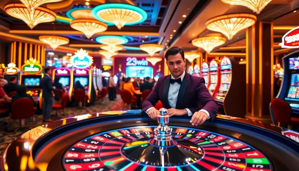 Players enjoying an exciting game at 23win casino with vibrant roulette and slot machines.