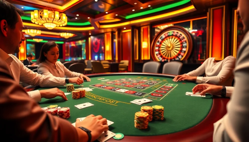 Players engaging in an exciting blackjack game at a luxurious casino table, showcasing xx88 poker chips.