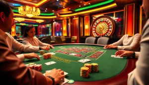 Players engaging in an exciting blackjack game at a luxurious casino table, showcasing xx88 poker chips.