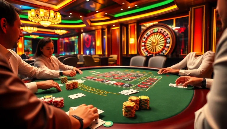 Players engaging in an exciting blackjack game at a luxurious casino table, showcasing xx88 poker chips.