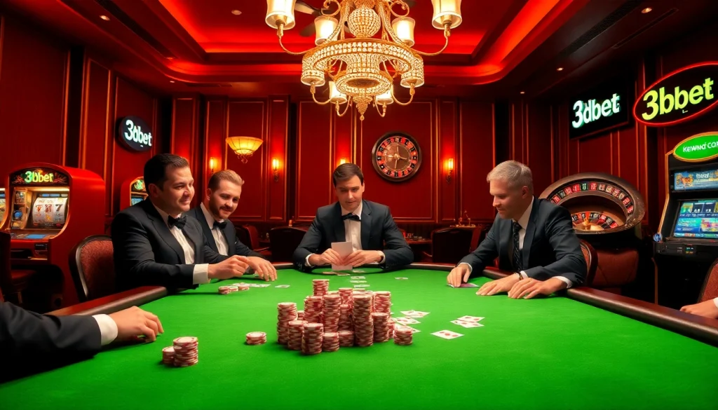 Exciting casino gaming experience with 3Dbet poker table and players focused on winning.