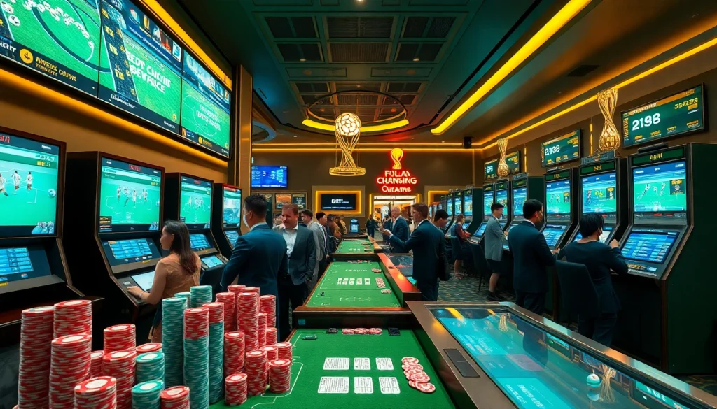 Situs Judi Bola Piala Dunia 2026 betting scene with excited players and vibrant casino elements.