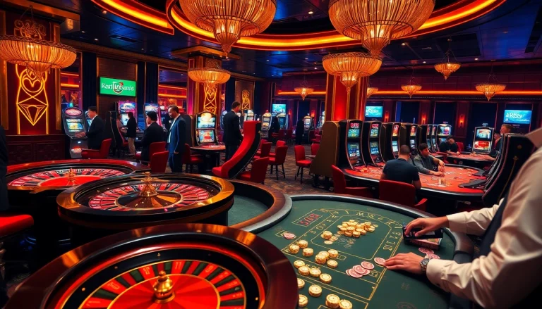 Engage with RR99 gaming excitement at a high-stakes casino featuring roulette and poker tables.