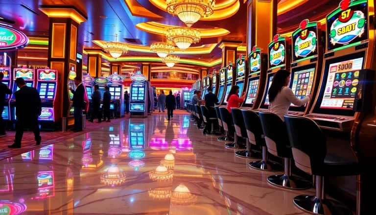 Pemain menikmati mesin slot di bawah cahaya cerah dalam suasana kasino yang dinamis.