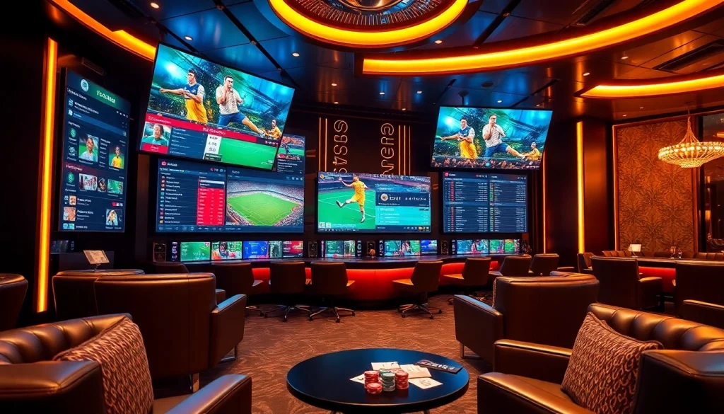 Situs Judi Bola Piala Dunia 2026 betting lounge with live sports screens and poker chips