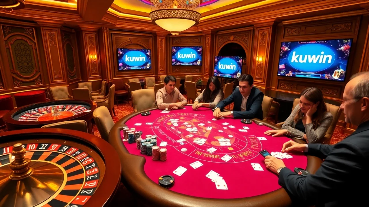 Kuwin offers an exciting gambling experience at a lively casino table with engaged players and vibrant poker chips.