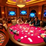 Kuwin offers an exciting gambling experience at a lively casino table with engaged players and vibrant poker chips.