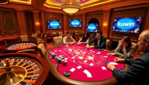Kuwin offers an exciting gambling experience at a lively casino table with engaged players and vibrant poker chips.