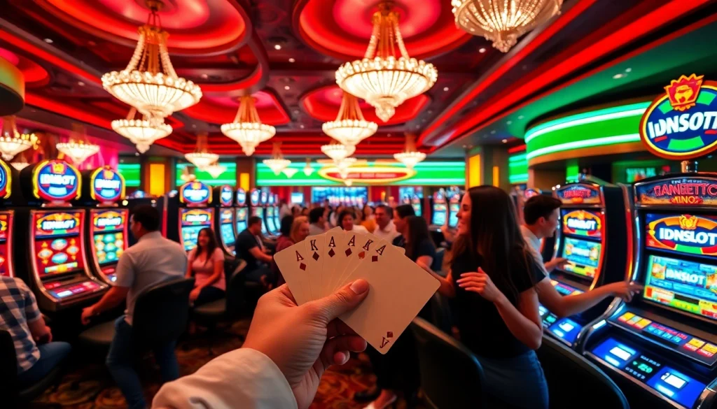 Engage with the thrill of idnslot at a bustling casino featuring excited players and vivid slot machines.