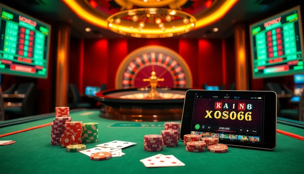 Xoso66 online casino scene with vibrant gaming tables, poker chips, and roulette wheel.