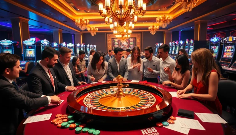 Excited players enjoying a game at rr88 casino with vibrant roulette wheel and colorful chips.