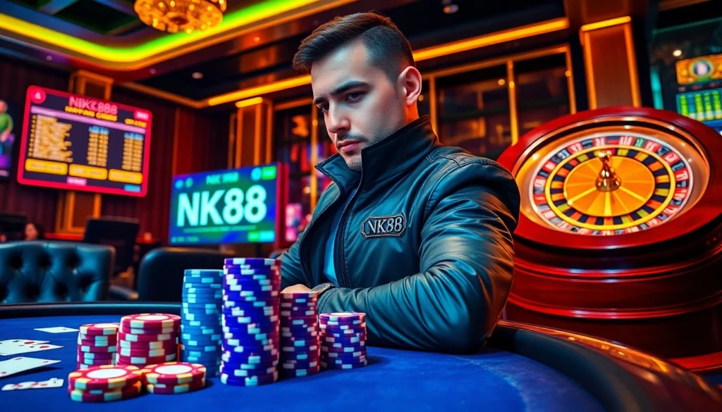 Engaging NK88 bet action at a luxury poker table with vibrant chips and digital betting screen