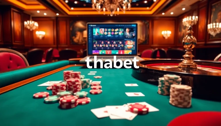 Thabet casino table with vibrant poker chips and roulette wheel offering thrilling gambling action.