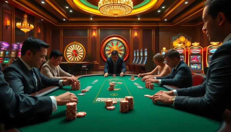 S8 poker table action with elegant players and vibrant casino atmosphere