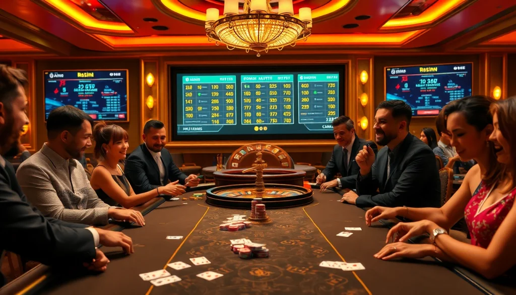 S8 poker players strategizing at a glamorous casino table with vibrant chips and cards.