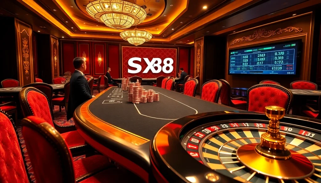 SX88 players engaging in a thrilling poker game at a luxurious casino table.