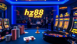 Engaging hz88 bet virtual casino scene featuring poker chips, roulette wheel, and live betting slip action