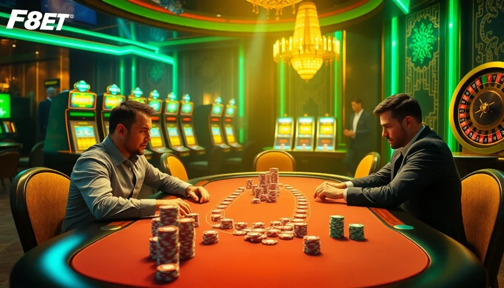 F8BET: Engaging players at a luxurious poker table amidst the excitement of a vibrant casino atmosphere.