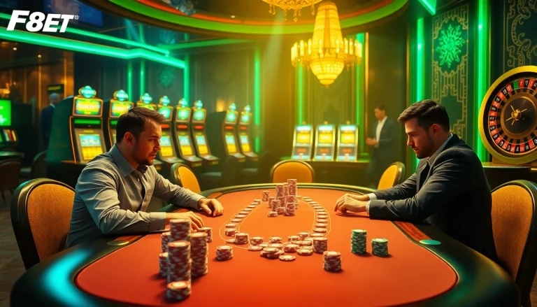 F8BET: Engaging players at a luxurious poker table amidst the excitement of a vibrant casino atmosphere.