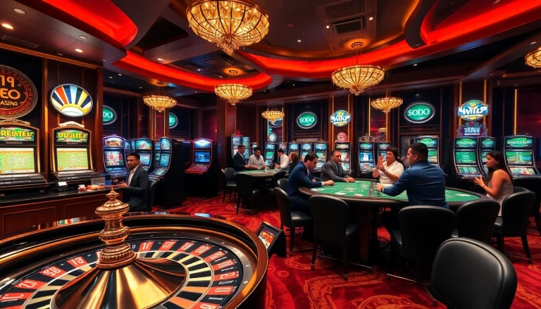 SODO CASINO players enjoying vibrant games at luxurious poker tables and roulette wheels.
