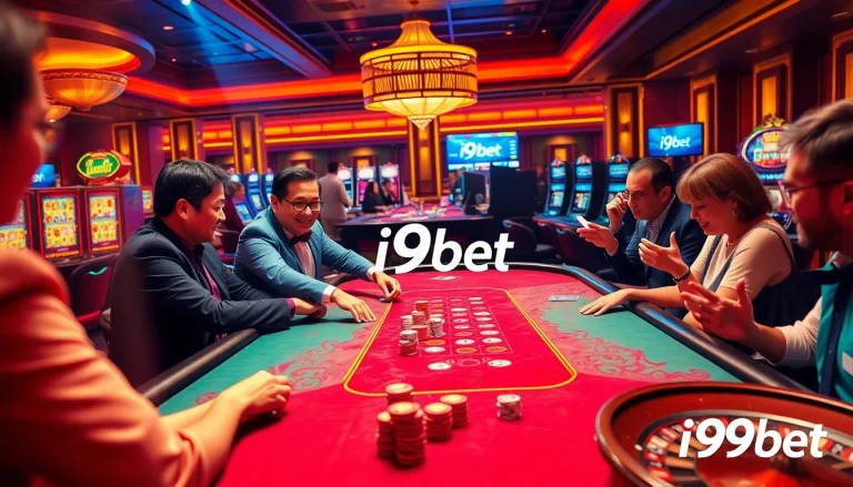 This image captures an exciting i9bet casino scene featuring a dealer at a poker table, surrounded by enthusiastic players.