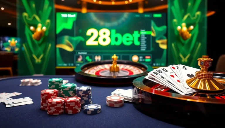 Engaging scene showcasing 28bet gaming excitement with poker chips and a roulette wheel.