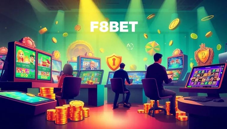 F8BET online gaming scene with players enjoying various games on mobile and desktop devices, showcasing excitement and security.