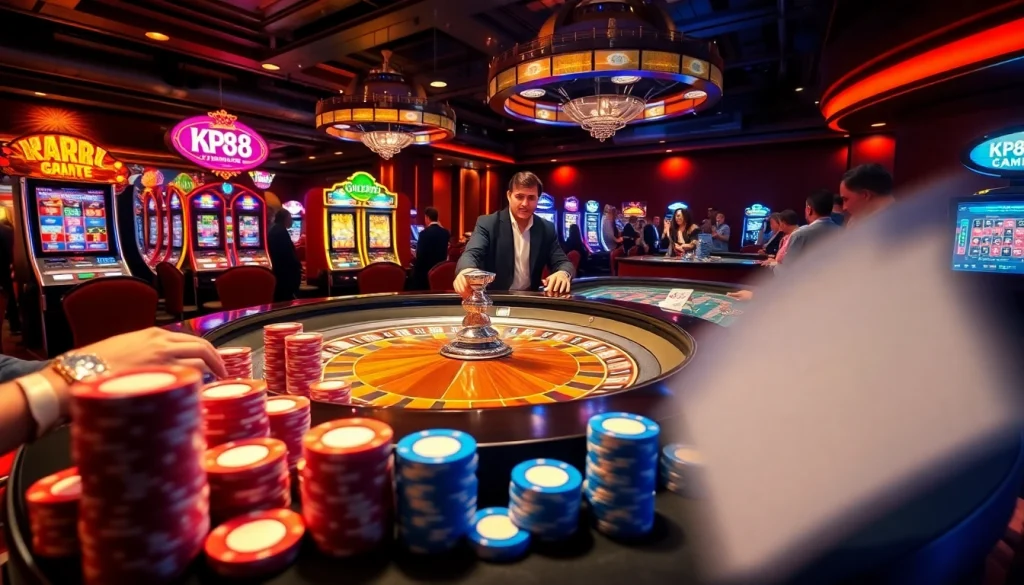 Players placing bets at KP88's vibrant casino table, showcasing excitement and strategy.