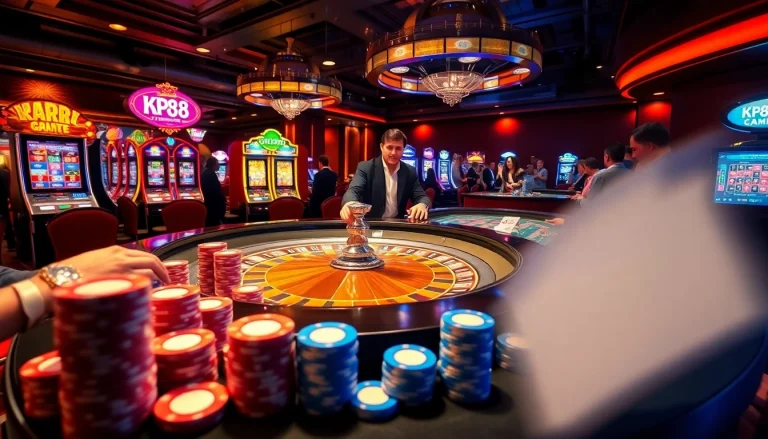 Players placing bets at KP88's vibrant casino table, showcasing excitement and strategy.