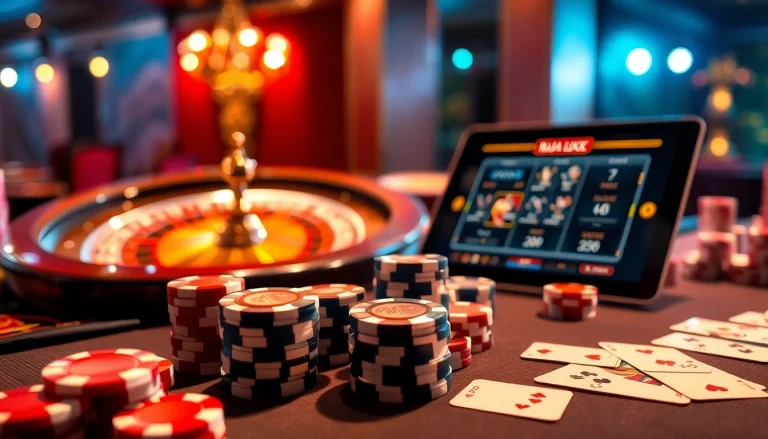 Experience the thrill of RAJA LUCK at a vibrant casino table with poker chips and a roulette wheel.