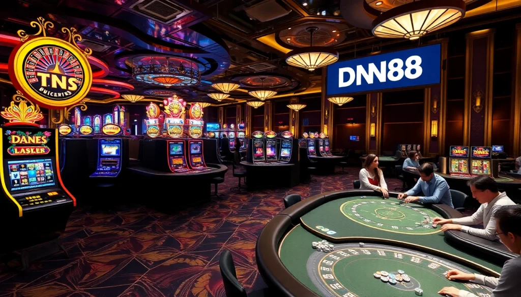 Players eagerly engaging in thrilling games at DN88 casino, showcasing vibrant slot machines and poker tables.