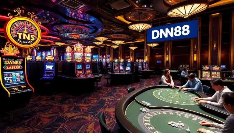 Players eagerly engaging in thrilling games at DN88 casino, showcasing vibrant slot machines and poker tables.