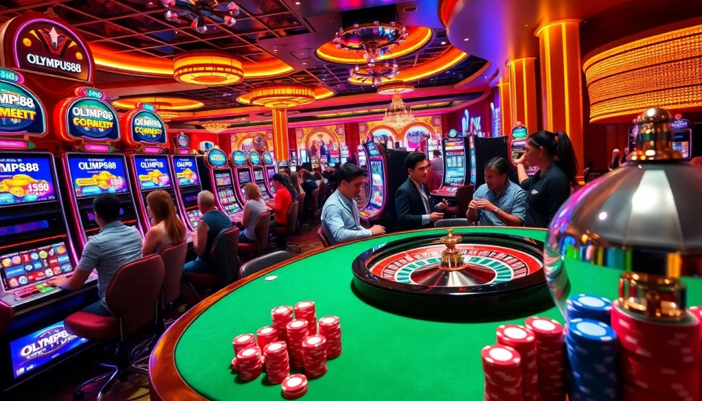 OLYMPUS88 players celebrating wins at luxurious slot machines in a vibrant casino setting.
