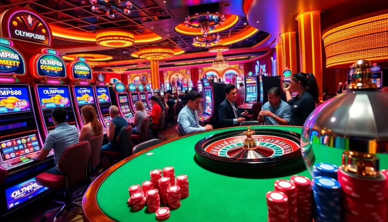 OLYMPUS88 players celebrating wins at luxurious slot machines in a vibrant casino setting.