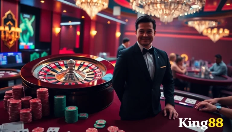 Experience the thrill of casino gaming with King88 at an elegantly designed roulette table.