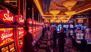 Engaged players at Slot gacor machines in a vibrant casino atmosphere.