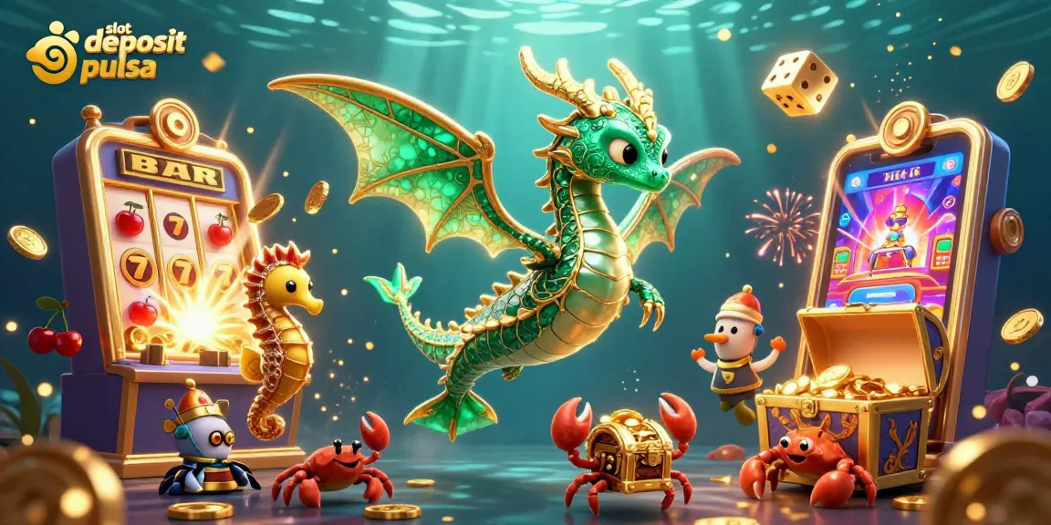 Gambar menarik slot deposit pulsa yang menunjukkan jackpot dengan karakter naga laut dan hadiah berlimpah